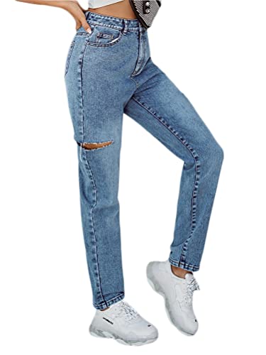 ORANDESIGNE Damen Stretch Straight Jeans Löchern Baggy Boyfriend Jeanshose Teenager Mädchen Lässig Denim Hosen Weich Pants Freizeithose Z18 M von ORANDESIGNE