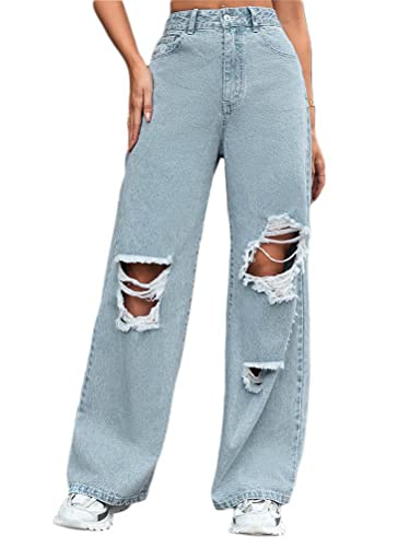 ORANDESIGNE Damen Stretch Straight Jeans Löchern Baggy Boyfriend Jeanshose Teenager Mädchen Lässig Denim Hosen Weich Pants Freizeithose Z19 XS von ORANDESIGNE