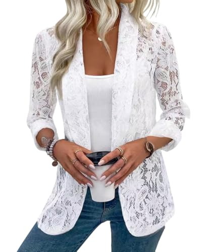 ORANDESIGNE Damen Strickjacke Bolero Langarm Spitze Jäckchen Häkeln Tüll Schulterjacke Elegant Festlich Blazer Zum Festlich Hochzeit Abendkleid Partykleid A Weiß L von ORANDESIGNE