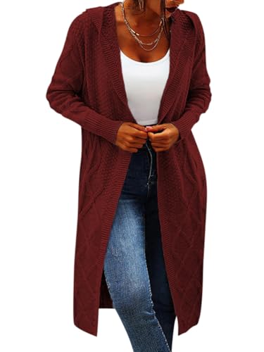 ORANDESIGNE Damen Strickjacke Cardigan Lang Oversize Casual Langarm Wasserfall Jacke Gestrickt Sweatshirt Übergroß Lose Outwear Mantel Langarmshirt Strickmantel 5-Weinrot L von ORANDESIGNE