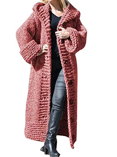 ORANDESIGNE Damen Strickjacke Gestrickt Strickmantel mit Kapuzen Pullover Cardigan Lang Mantel Verdicken Wollmantel Kapuzenpulli Winterjacke Übergroß Lose Outwear 01 Rot 50 von ORANDESIGNE