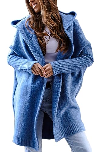 ORANDESIGNE Damen Strickjacke Lang Cardigan Grobstrickjacke Strickmantel mit Kapuze Strickpullover Herbst Winter Jacke Sweater Outerwear A Blau L von ORANDESIGNE