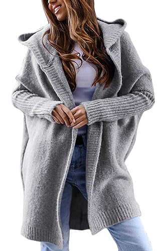 ORANDESIGNE Damen Strickjacke Lang Cardigan Kapuzenpullover Grobstrickjacke Strickmantel mit Kapuze Cardigan Strickpullover Herbst Winter Jacke Sweater Outerwear A Grau M von ORANDESIGNE
