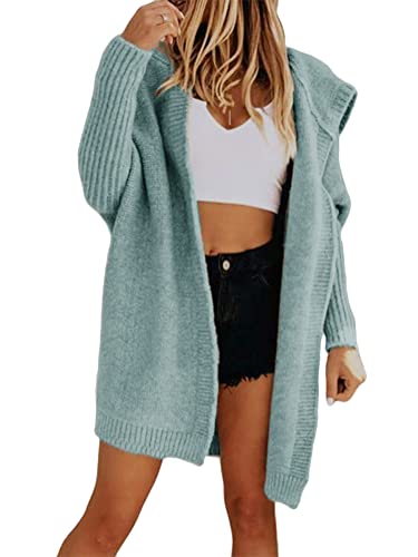 ORANDESIGNE Damen Strickjacke Lange Cardigan Grobstrick Strickmantel Strickcardigan Herbst Winter Casual Open Front Sweater Kapuzejacke Mantel A1 Hellblau L von ORANDESIGNE