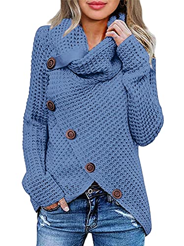 ORANDESIGNE Damen Strickjacke Warm Strickpullover Oversize Rollkragen Pullover Grobstrick Winterpullover Strickpulli Sweater Lang Outwear Casual Sweatshirt Asymmetrie Oberteil A Hellblau M von ORANDESIGNE