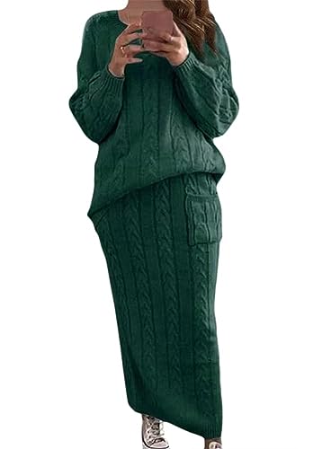 ORANDESIGNE Damen Strickkleid 2 Stücke Gestrickter Rock Set Zweiteiliger Anzug Rundhals Pullover Oberteil und Langer Strickrock Bodycon 2 Stück Set Maxikleid Pulloverkleid A Dunkelgrün S von ORANDESIGNE