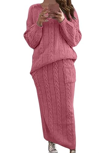 ORANDESIGNE Damen Strickkleid 2 Stücke Gestrickter Rock Set Zweiteiliger Anzug Rundhals Pullover Oberteil und Langer Strickrock Bodycon 2 Stück Set Maxikleid Pulloverkleid A Dunkelrosa XXL von ORANDESIGNE