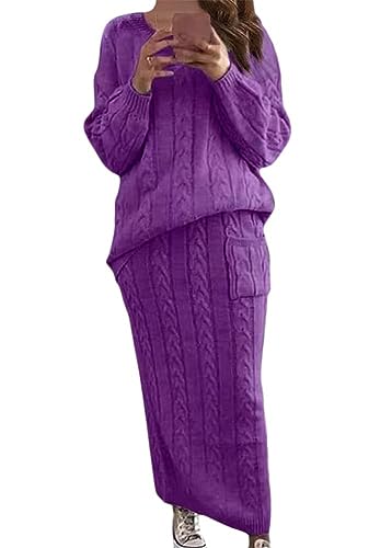 ORANDESIGNE Damen Strickkleid 2 Stücke Gestrickter Rock Set Zweiteiliger Anzug Rundhals Pullover Oberteil und Langer Strickrock Bodycon 2 Stück Set Maxikleid Pulloverkleid A Dunkelviolett XL von ORANDESIGNE