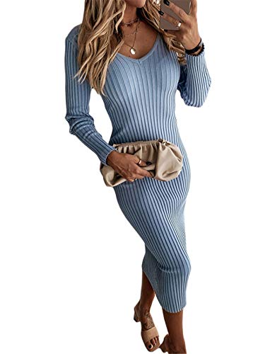 ORANDESIGNE Damen Strickkleid Elegante Pulloverkleid V-Ausschnitt Langarm Bodycon Midikleid Slim Fit Einfarbige Partykleid Sweater Pullover Kleider Blau M von ORANDESIGNE