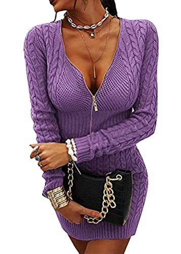 ORANDESIGNE Damen Strickkleid Elegante Slim Fit Kleid Pulloverkleid Zopfmuster V-Ausschnitt Reißverschluss Minikleid Strickpullover für Party Freizeit Cocktail Einfarbig Winterkleid A Violett L von ORANDESIGNE