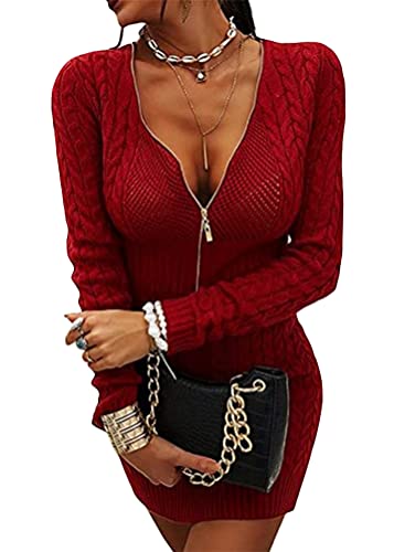 ORANDESIGNE Damen Strickkleid Elegante Slim Fit Kleid Pulloverkleid Zopfmuster V-Ausschnitt Reißverschluss Minikleid Strickpullover für Party Freizeit Cocktail Einfarbig Winterkleid A Weinrot L von ORANDESIGNE