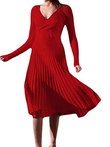 ORANDESIGNE Damen Strickkleid Pulloverkleid Zopfmuster Langarm Tunika Kleid Strickpullover Minikleid Rundhals Pullikleid Elegant A Linien Freizeitkleid A Rot M von ORANDESIGNE