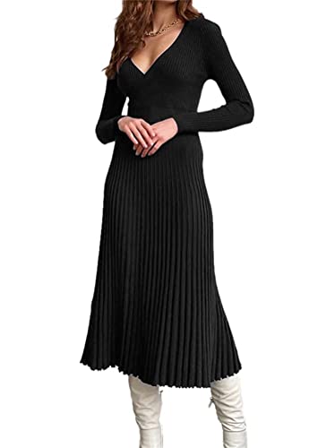 ORANDESIGNE Damen Strickkleid Pulloverkleid Zopfmuster Langarm Tunika Kleid Strickpullover Minikleid Rundhals Pullikleid Elegant A Linien Freizeitkleid A Schwarz M von ORANDESIGNE