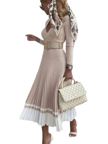 ORANDESIGNE Damen Strickkleid Pulloverkleid Zopfmuster Langarm Tunika Kleid Strickpullover Minikleid Rundhals Pullikleid Elegant A Linien Freizeitkleid B Khaki M von ORANDESIGNE