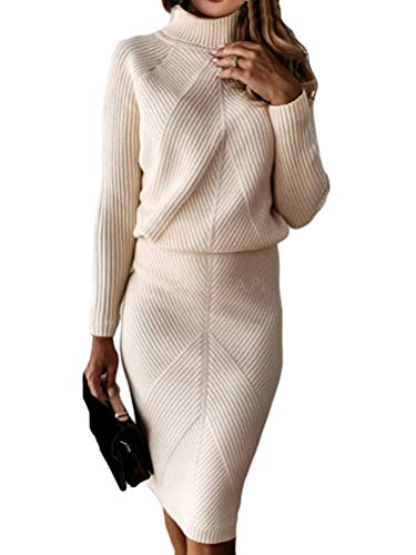 ORANDESIGNE Damen Strickkleid Zweiteiliger Anzug Pullover Oberteil und Midi Strickrock Bodycon 2 Stück Set Midikleid Rollkragen C Aprikose Pulloverkleid S von ORANDESIGNE