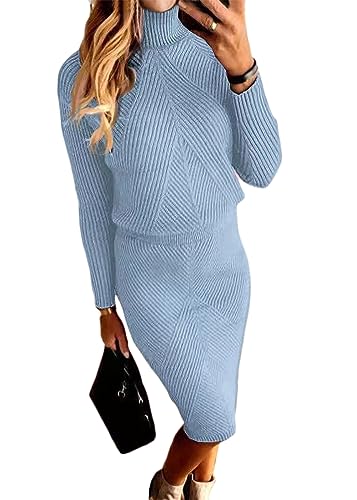 ORANDESIGNE Damen Strickkleid Zweiteiliger Anzug Pullover Oberteil und Midi Strickrock Bodycon 2 Stück Set Midikleid Rollkragen Pulloverkleid A Blau S von ORANDESIGNE