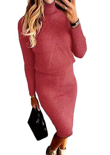 ORANDESIGNE Damen Strickkleid Zweiteiliger Anzug Pullover Oberteil und Midi Strickrock Bodycon 2 Stück Set Midikleid Rollkragen Pulloverkleid A Rot XS von ORANDESIGNE