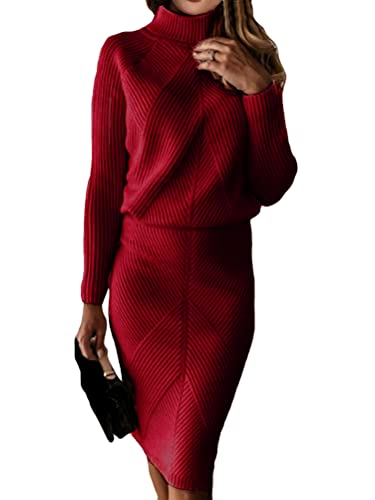 ORANDESIGNE Damen Strickkleid Zweiteiliger Anzug Pullover Oberteil und Midi Strickrock Bodycon 2 Stück Set Midikleid Rollkragen Pulloverkleid C Rot S von ORANDESIGNE