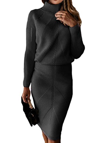 ORANDESIGNE Damen Strickkleid Zweiteiliger Anzug Pullover Oberteil und Midi Strickrock Bodycon 2 Stück Set Midikleid Rollkragen Pulloverkleid C Schwarz XL von ORANDESIGNE