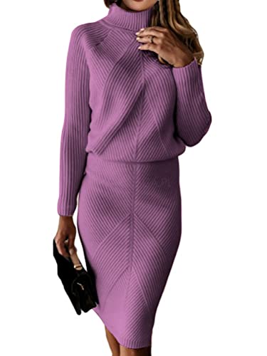 ORANDESIGNE Damen Strickkleid Zweiteiliger Anzug Pullover Oberteil und Midi Strickrock Bodycon 2 Stück Set Midikleid Rollkragen Pulloverkleid C Violett XXL von ORANDESIGNE