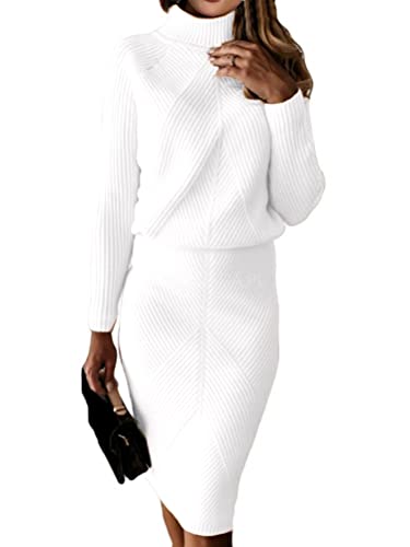 ORANDESIGNE Damen Strickkleid Zweiteiliger Anzug Pullover Oberteil und Midi Strickrock Bodycon 2 Stück Set Midikleid Rollkragen Pulloverkleid C Weiß XXL von ORANDESIGNE