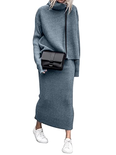 ORANDESIGNE Damen Strickkleid Zweiteiliger Anzug Pullover Oberteil und Midi Strickrock Bodycon 2 Stück Set Midikleid Rollkragen Pulloverkleid D Blau L von ORANDESIGNE