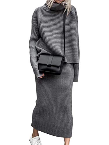 ORANDESIGNE Damen Strickkleid Zweiteiliger Anzug Pullover Oberteil und Midi Strickrock Bodycon 2 Stück Set Midikleid Rollkragen Pulloverkleid D Grau S von ORANDESIGNE