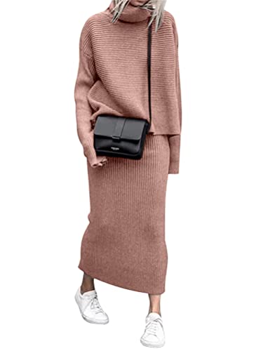 ORANDESIGNE Damen Strickkleid Zweiteiliger Anzug Pullover Oberteil und Midi Strickrock Bodycon 2 Stück Set Midikleid Rollkragen Pulloverkleid D Rosa S von ORANDESIGNE