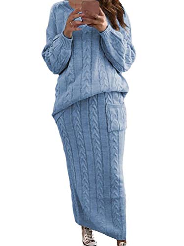 ORANDESIGNE Damen Strickkleid Zweiteiliger Anzug Pullover Oberteil und Midi Strickrock Bodycon 2 Stück Set Midikleid Rollkragen Pulloverkleid E Blau XL von ORANDESIGNE