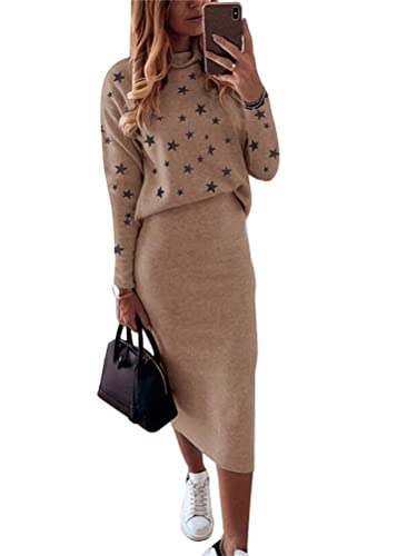 ORANDESIGNE Damen Strickkleid Zweiteiliger Anzug Pullover Oberteil und Midi Strickrock Bodycon 2 Stück Set Midikleid Rollkragen Pulloverkleid J Khaki M von ORANDESIGNE
