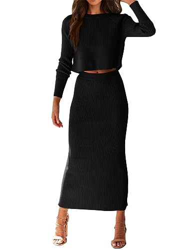 ORANDESIGNE Damen Strickkleid Zweiteiliger Anzug Pullover Oberteil und Midi Strickrock Bodycon 2 Stück Set Midikleid Rollkragen Pulloverkleid M Schwarz XL von ORANDESIGNE