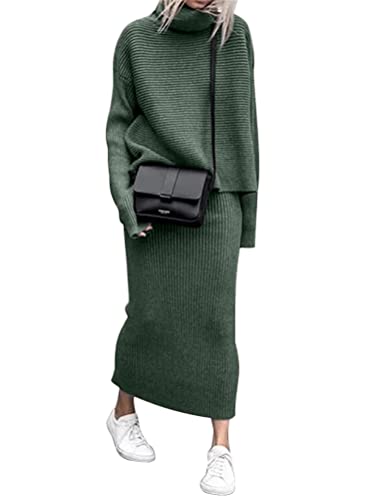 ORANDESIGNE Damen Strickkleid Zweiteiliger Anzug Pullover Oberteil und Midi Strickrock Bodycon 2 Stück Set Midikleid Rollkragen Pulloverkleid XXL D Grün von ORANDESIGNE