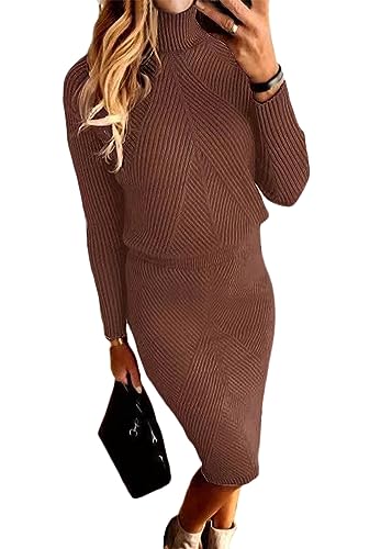 ORANDESIGNE Damen Strickkleid Zweiteiliger Anzug Pullover Oberteil und Midi Strickrock Bodycon 2 Stück Set Winter Strick Kleid Pulloverkleid A Dunkelbraun M von ORANDESIGNE