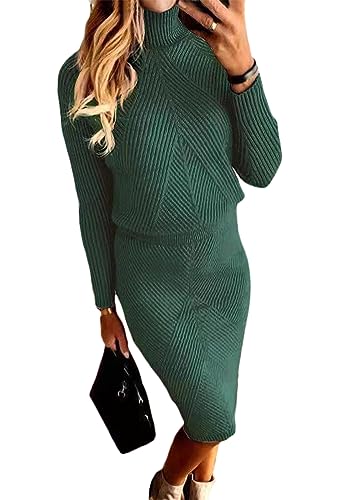 ORANDESIGNE Damen Strickkleid Zweiteiliger Anzug Pullover Oberteil und Midi Strickrock Bodycon 2 Stück Set Winter Strick Kleid Pulloverkleid A Grün M von ORANDESIGNE