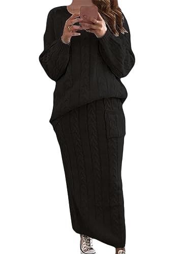 ORANDESIGNE Damen Strickkleid Zweiteiliger Anzug Pullover Oberteil und Midi Strickrock Bodycon 2 Stück Set Winter Strick Kleid Pulloverkleid A Schwarz XXL von ORANDESIGNE