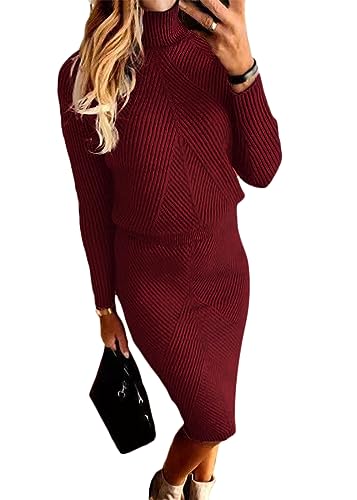 ORANDESIGNE Damen Strickkleid Zweiteiliger Anzug Pullover Oberteil und Midi Strickrock Bodycon 2 Stück Set Winter Strick Kleid Pulloverkleid A Weinrot M von ORANDESIGNE