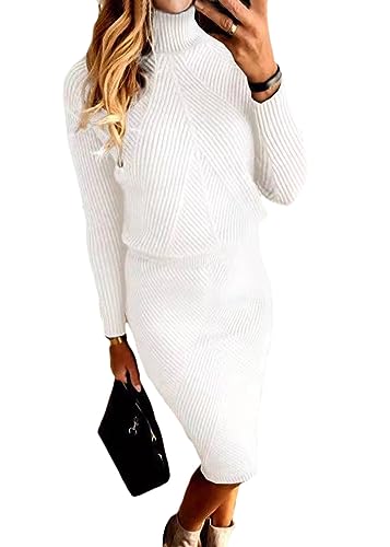 ORANDESIGNE Damen Strickkleid Zweiteiliger Anzug Pullover Oberteil und Midi Strickrock Bodycon 2 Stück Set Winter Strick Kleid Pulloverkleid A Weiß L von ORANDESIGNE