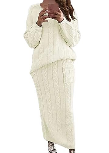 ORANDESIGNE Damen Strickkleid Zweiteiliger Anzug Pullover Oberteil und Midi Strickrock Bodycon 2 Stück Set Winter Strick Kleid Pulloverkleid A Weiß XXL von ORANDESIGNE