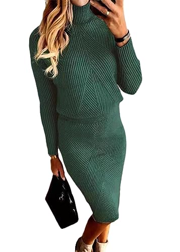 ORANDESIGNE Damen Strickkleid Zweiteiliger Anzug Rollkragen Pullover Oberteil und Strickrock Bleistiftrock Elastische Bodycon 2 Stück Set A Grün 3XL von ORANDESIGNE