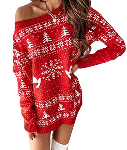 ORANDESIGNE Damen Strickkleider Langarm Strickpullover Weihnachten Pulloverkleid Elegant Winterkleid Jumper Minikleid Warme Wickelkleid Winter Pulli Sweater Kleid D-Rot XS von ORANDESIGNE