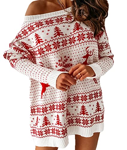 ORANDESIGNE Damen Strickkleider Langarm Strickpullover Weihnachten Pulloverkleid Elegant Winterkleid Jumper Minikleid Warme Wickelkleid Winter Pulli Sweater Kleid D-Weiß XL von ORANDESIGNE