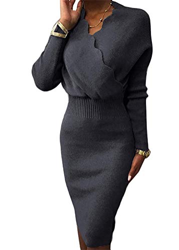 ORANDESIGNE Damen Strickkleider Midikleid V-Ausschnitt Langarm Laternenärmel Winterkleider Slim Fit Figurbetontes Kleid A Grau M von ORANDESIGNE