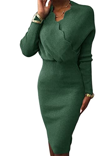 ORANDESIGNE Damen Strickkleider Midikleid V-Ausschnitt Langarm Laternenärmel Winterkleider Slim Fit Figurbetontes Kleid A Grün S von ORANDESIGNE