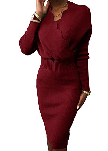ORANDESIGNE Damen Strickkleider Midikleid V-Ausschnitt Langarm Laternenärmel Winterkleider Slim Fit Figurbetontes Kleid A Rot XS von ORANDESIGNE