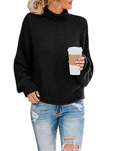 ORANDESIGNE Damen Strickpulli Oversize Rundhals Halbhoher Kragen Pullover Kurz Pulli Oversize Loose Lange Ärmel Stricken Oberteil Tops Damen Pullover Strickpullover A Schwarz XL von ORANDESIGNE