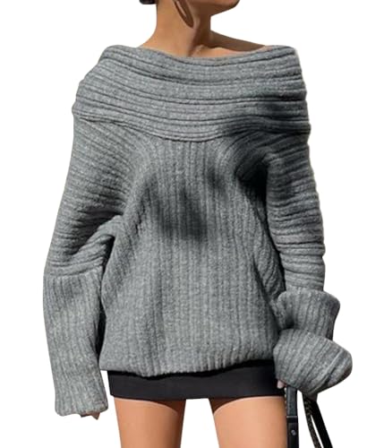 ORANDESIGNE Damen Strickpullover Frauen Schulterfrei Oberteile Pullover Oversize Strickpulli Langarmshirt Herbst Winter Off Shoulder Jumper Stricken Sweater Pulli Winterpullover A Grau XS von ORANDESIGNE