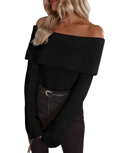 ORANDESIGNE Damen Strickpullover Frauen Schulterfrei Oberteile Pullover Oversize Strickpulli Langarmshirt Herbst Winter Off Shoulder Jumper Stricken Sweater Pulli Winterpullover C Schwarz XL von ORANDESIGNE