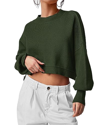 ORANDESIGNE Damen Strickpullover Sexy Kurz Geschnittene Pullover mit Rundhalsausschnitt Langarm Sweatshirt Elegant Strickpulli A Armeegrün M von ORANDESIGNE