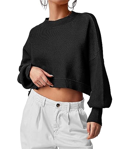 ORANDESIGNE Damen Strickpullover Sexy Kurz Geschnittene Pullover mit Rundhalsausschnitt Langarm Sweatshirt Elegant Strickpulli A Schwarz M von ORANDESIGNE