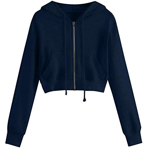ORANDESIGNE Damen Sweatjacke, Teenager Mädchen Bauchfrei Kapuzenpullover Langarm Kurz Hoodie Sweatshirt Crop Pullover Tops Kapuzenjacke mit Kordel und Zip A Dunkelblau XS von ORANDESIGNE